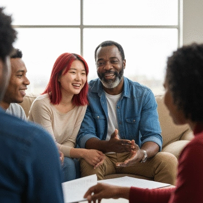 People having an open conversation about mental health in a supportive group setting