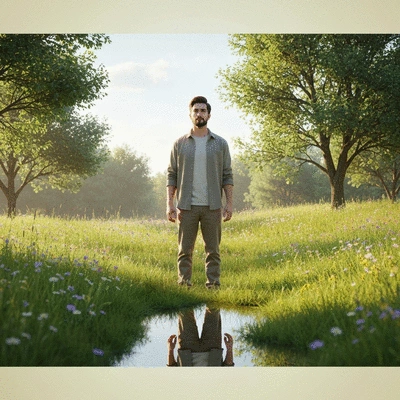 Person reflecting in a serene environment, symbolizing self-reflection for purpose discovery, no text, no words, no typography, clean image