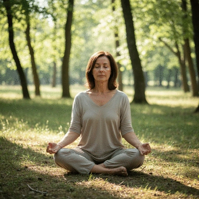Person meditating in a calm, natural setting, symbolizing emotional health and stress management