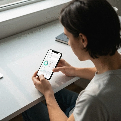Person using a financial app on a smartphone, tracking expenses and income