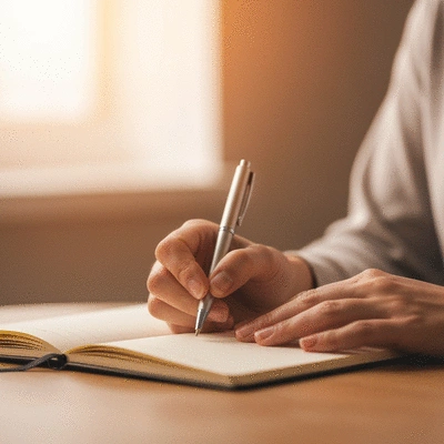 Person journaling with a pen, surrounded by motivational notes, symbolizing reflection and strategy