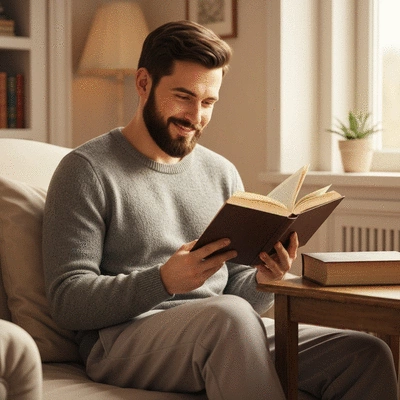Person reading a book in a sunlit room, symbolizing personal growth