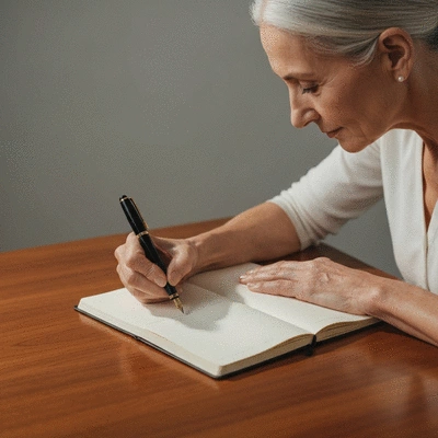 Person writing in a journal with a pen, symbolizing self-reflection and goal setting, bright and clean environment, no text, no words, no typography, no labels, clean image