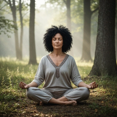 Person meditating in a calm, natural setting, symbolizing emotional well-being and mindfulness