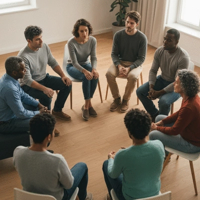 Diverse group of people in a supportive community setting
