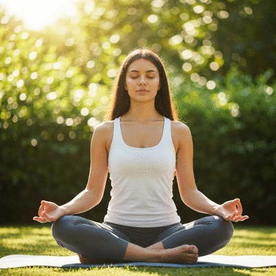 Person meditating in a calm, natural setting