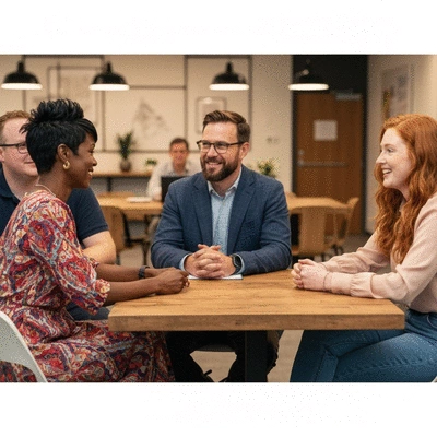 Diverse group of people in a supportive community setting, collaborating and sharing ideas, no text, no words, no typography, clean image