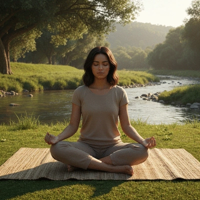 Person meditating in a calm, natural setting, representing mindfulness