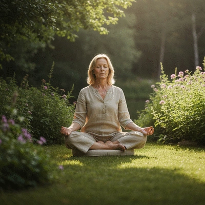 Person meditating in a calm, natural setting, symbolizing mindfulness and stress reduction