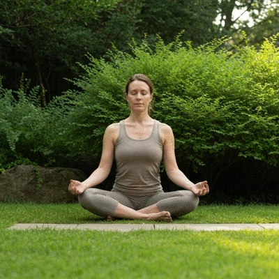 Yoga practitioner in a serene outdoor setting, demonstrating mind-body connection, no text, no words, no typography, clean image